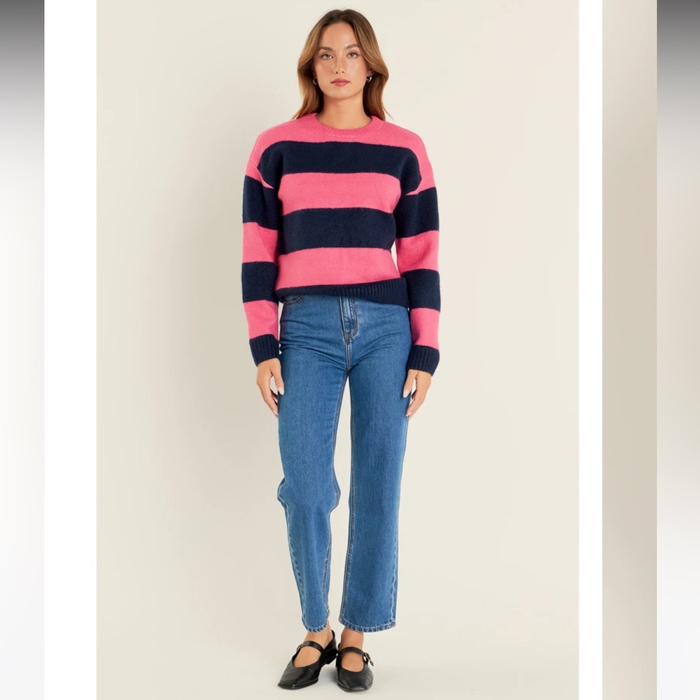 English Factory Bold Stripe Crewneck Knit Rugby Stripe Sweater Pink Navy M